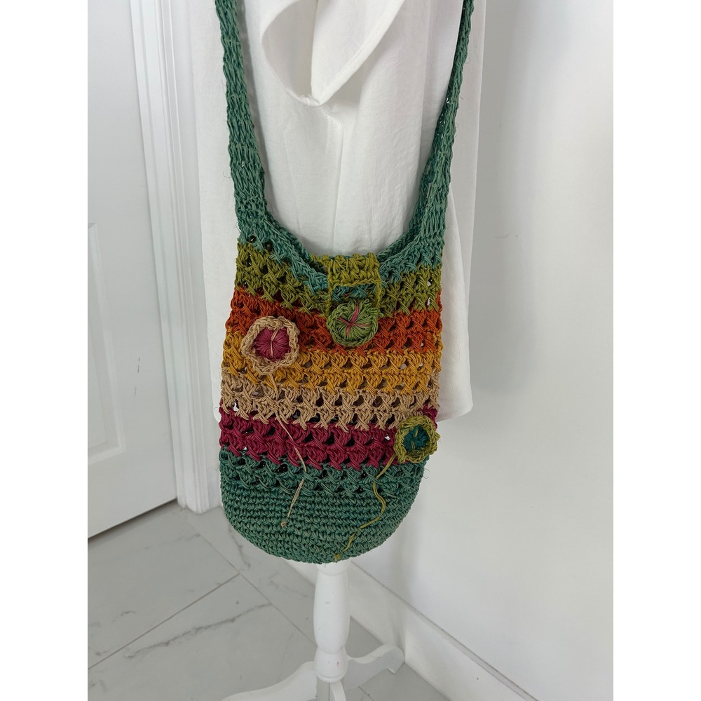 Boho Multi Color Striped Crochet Floral Crossbody Bag Green Orange Yellow